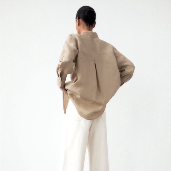 Zara Linen Button-Down Shirt with Pocket in Beige/Tan - Picture 9 of 9